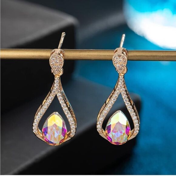 14K Yellow Gold with Iridescent AB Austrian Crystal Halo Teardrop Post Earrings - Picture 3 of 5